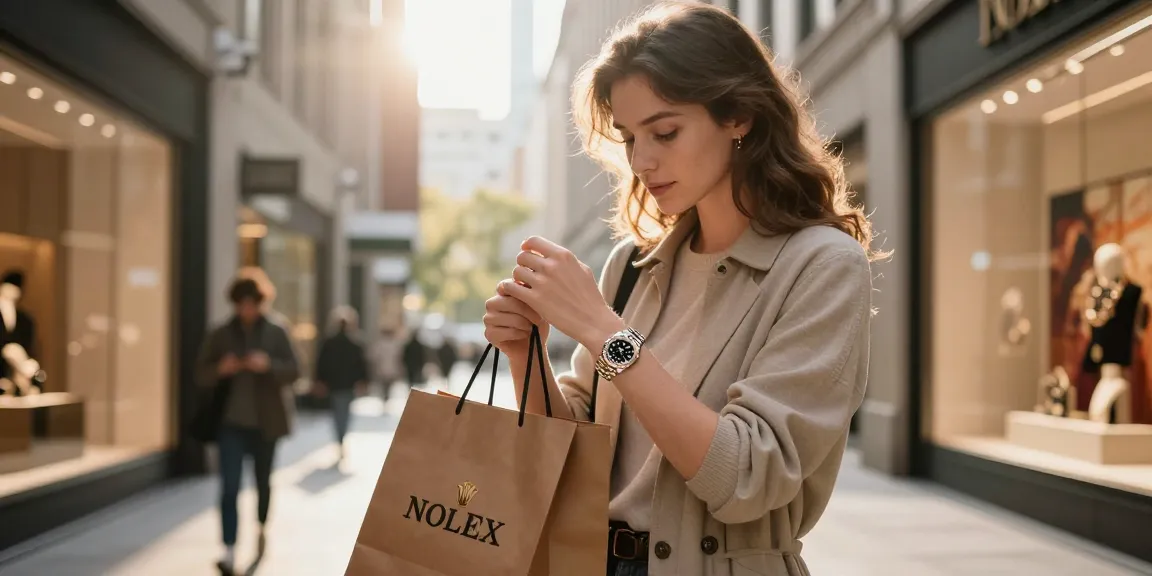 Luxury lifestyle scene featuring a Rolex replica watch in a vibrant urban setting, showcasing elegance and sophistication.