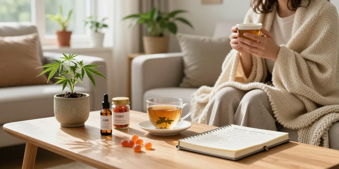 Ministry of Cannabis CBD wellness scene with infused herbal tea, tincture, and houseplants.