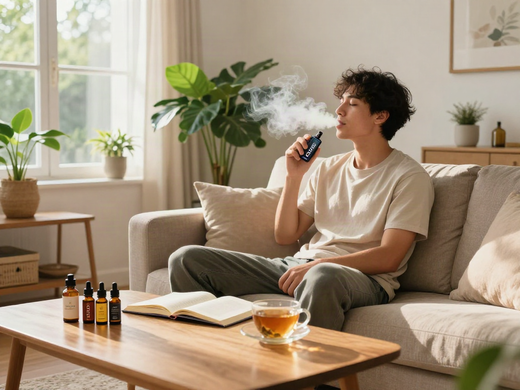 Enjoying DOPE vapes in a tranquil living room, surrounded by CBD oil bottles and wellness items in a natural light.