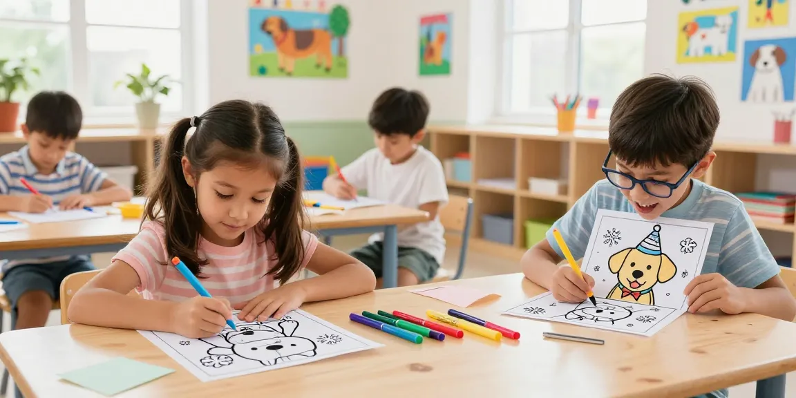 Kids enjoying cartoon character coloring pages featuring adorable Labradors, fostering creativity and fun.