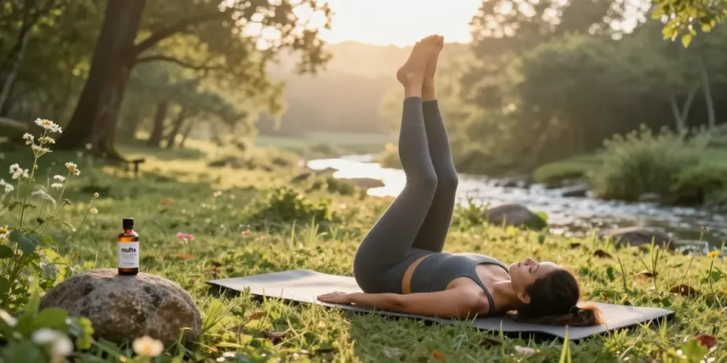 Muha CBD oil bottle in tranquil outdoor yoga scene promoting natural wellness.