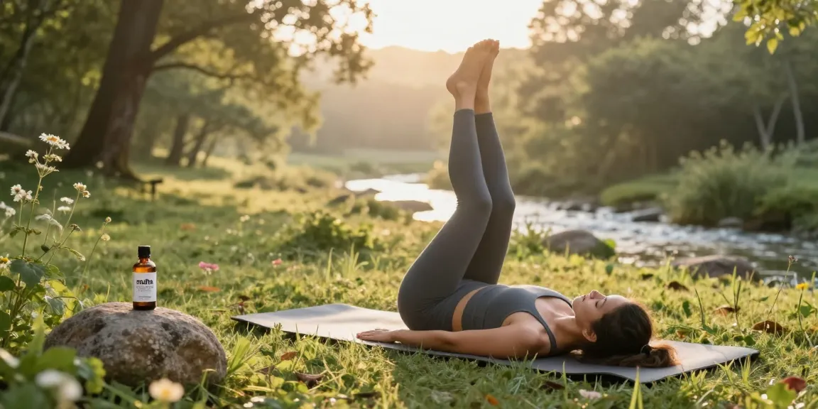 Muha CBD oil bottle in tranquil outdoor yoga scene promoting natural wellness.