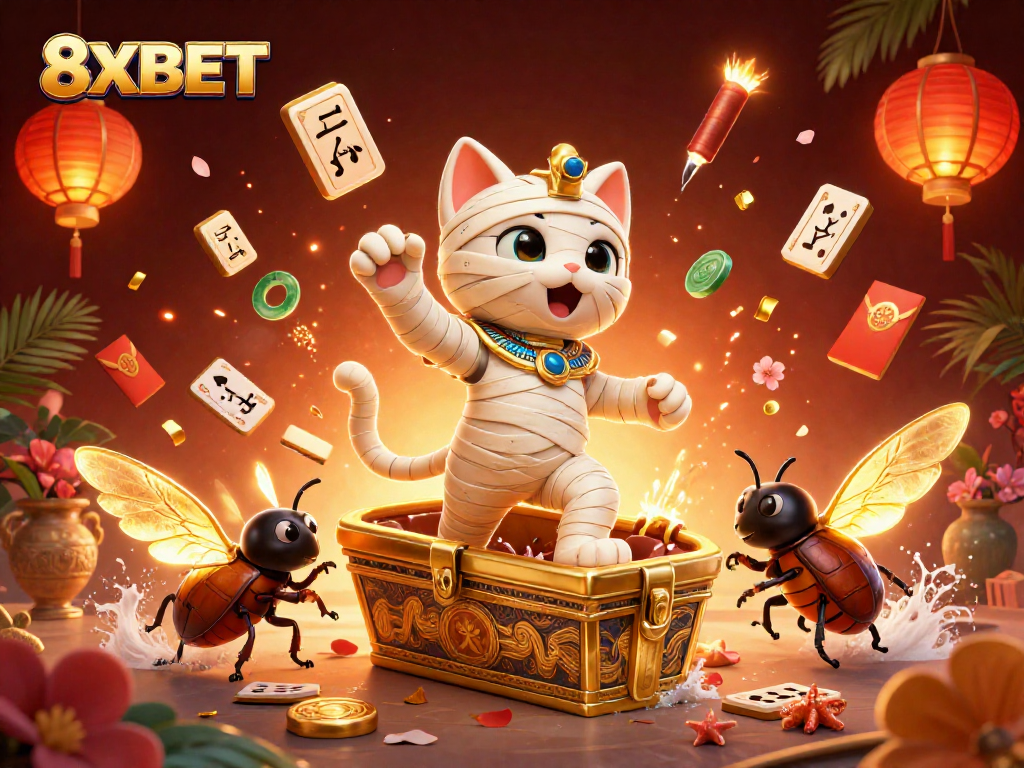 Experience the excitement of 8XBET casino with a dynamic 3D mummy cat and scarab in a vibrant pyramid setting.