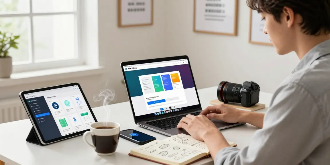 Download WPS Office on a laptop in a stylish home office with natural light.