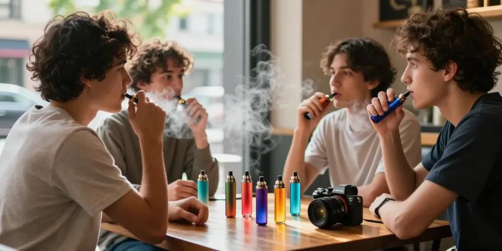 Al Fakher Vape in urbanem Café mit Freunden, dampfende Aromen und gemütliche Atmosphäre
