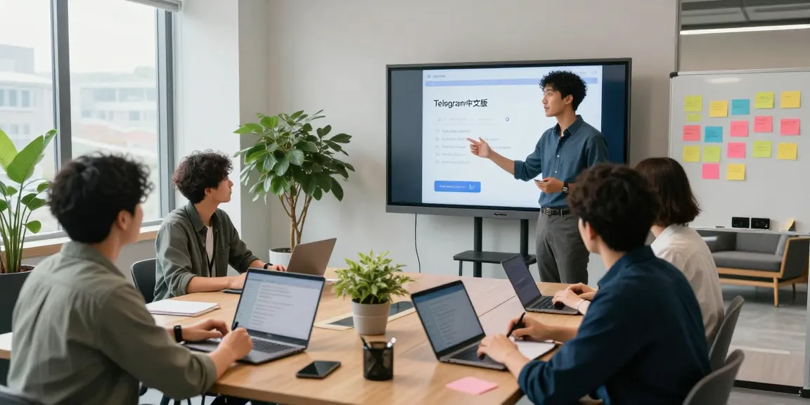 Team discussing features of the telegram中文版 app in a modern office environment with collaborative setup.