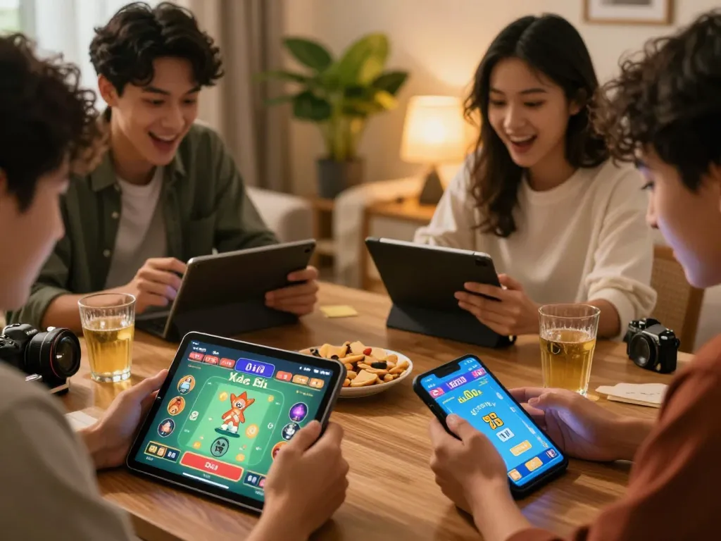 Xóc đĩa online game being played on tablets with friends enjoying a lively atmosphere.