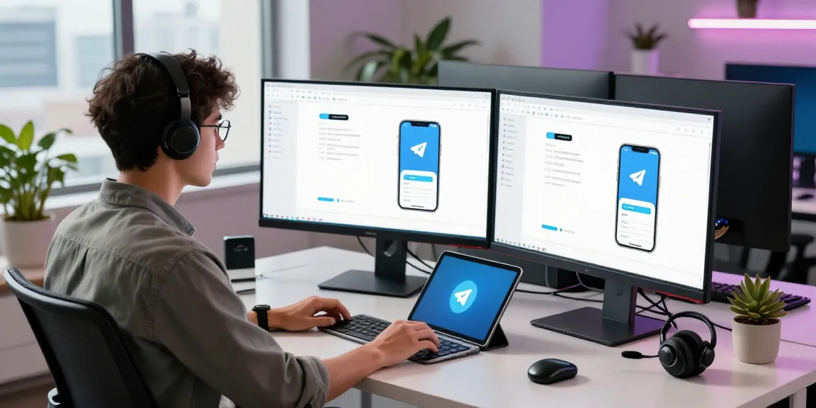 Exploring features of 纸飞机中文版 in a modern tech workspace with a professional engaging with Telegram's interface.