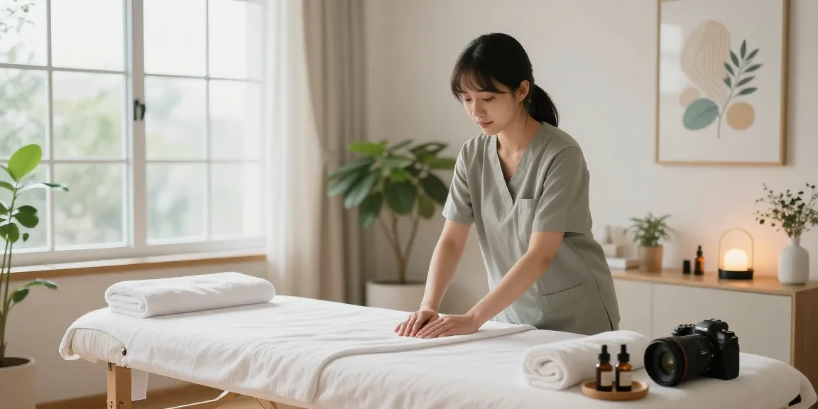 송도출장안마 세션을 제공하는 젊은 치료사와 아늑한 마사지 공간의 조화로운 모습
