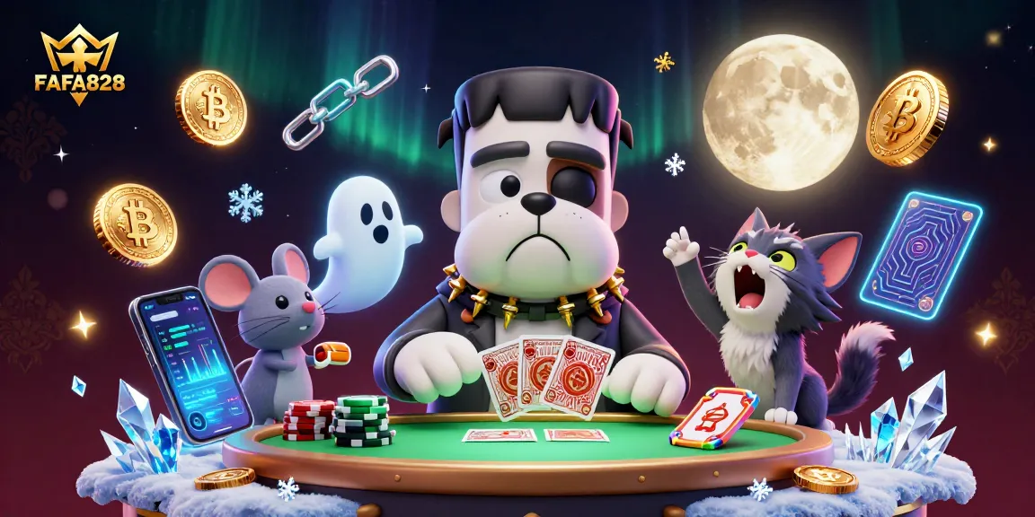 FAFA828 showcases a vibrant 3D casino scene with a bulldog monster and rich gaming elements.