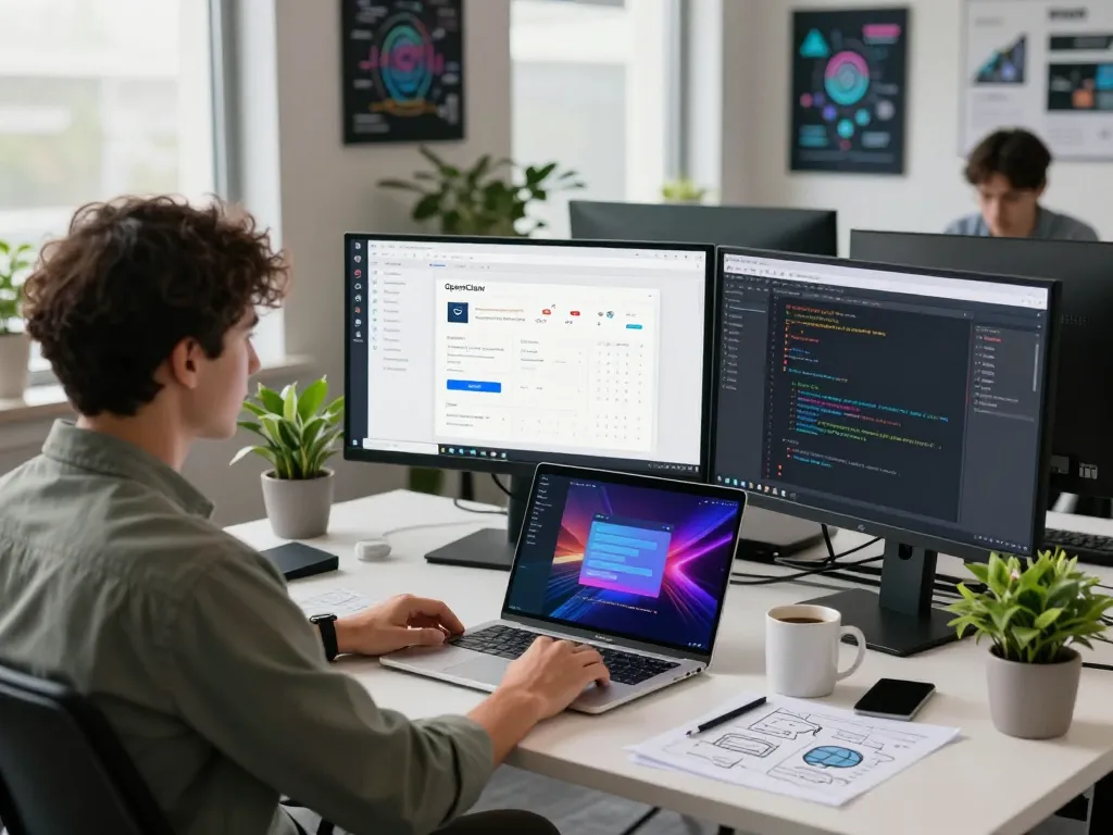 OpenClaw in action, showcasing a developer using AI to manage emails and schedules in a modern workspace.