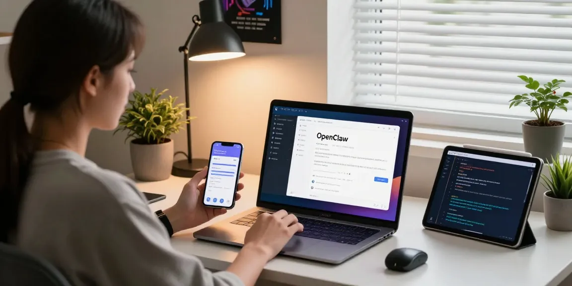 open claw AI assistant setup in a modern home office with laptop and smartphone notifications