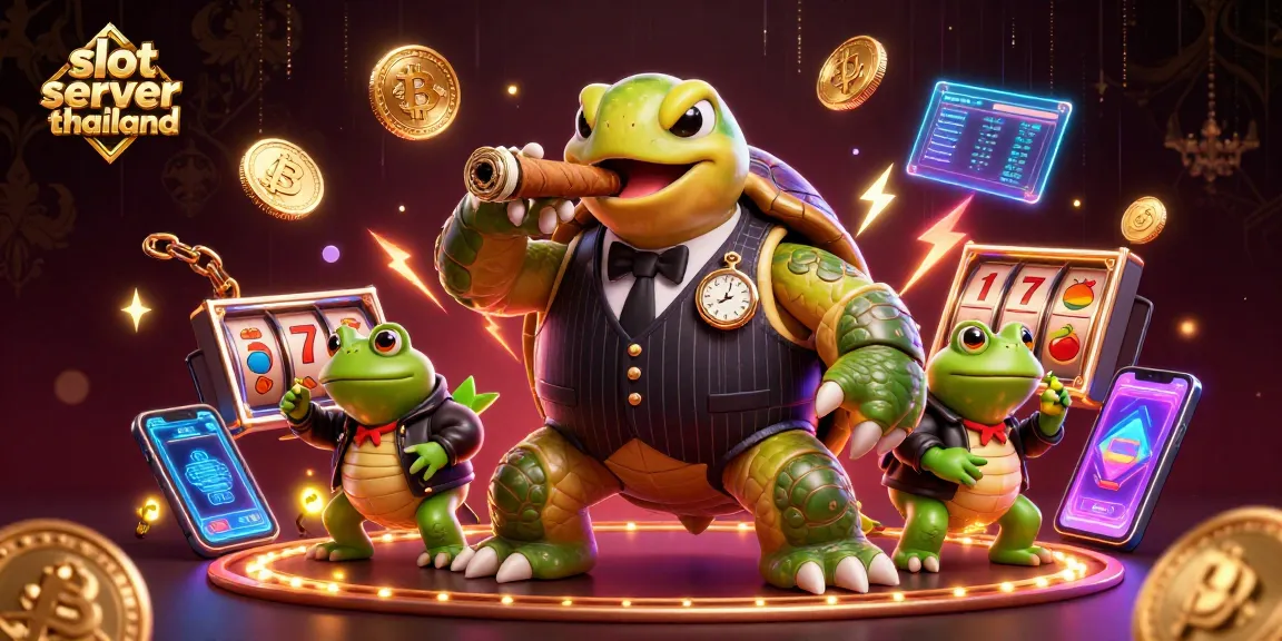 Experience the excitement of slot server thailand with a vibrant cartoon scene featuring a majestic turtle in mobster attire.