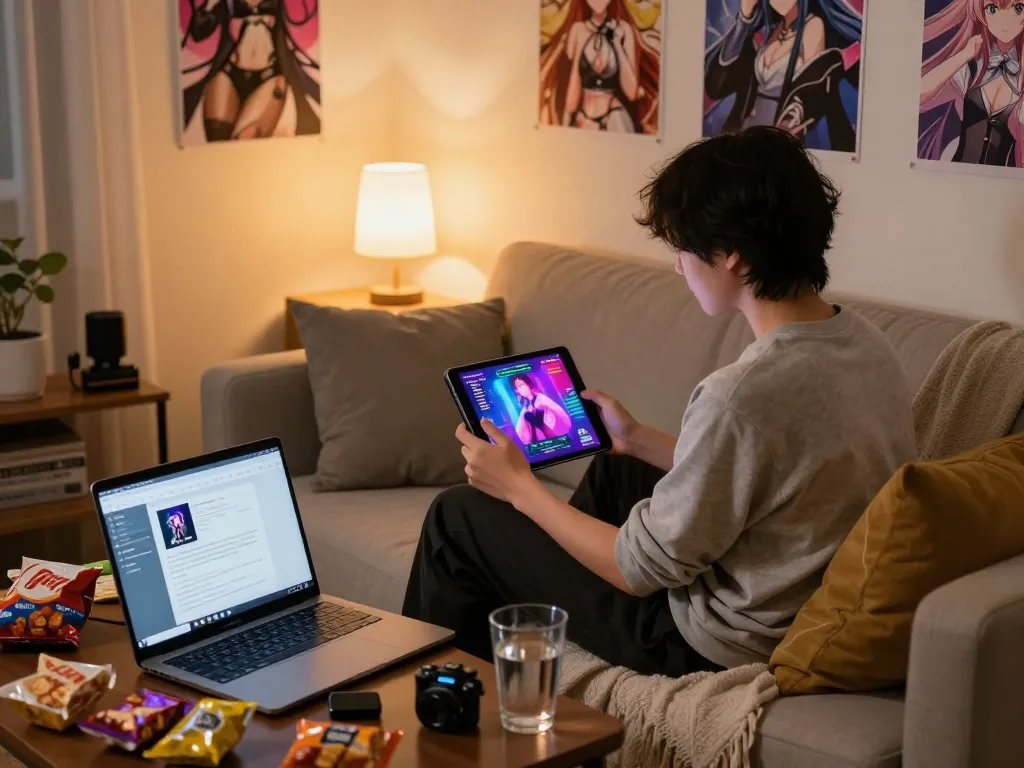 Engaging scene of a person enjoying online sex games on a tablet in a cozy home setting, with warm ambient lighting.