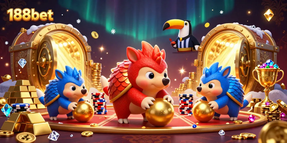 Experience thrilling gaming with 188bet as cartoon pangolins bowl through golden poker chips.