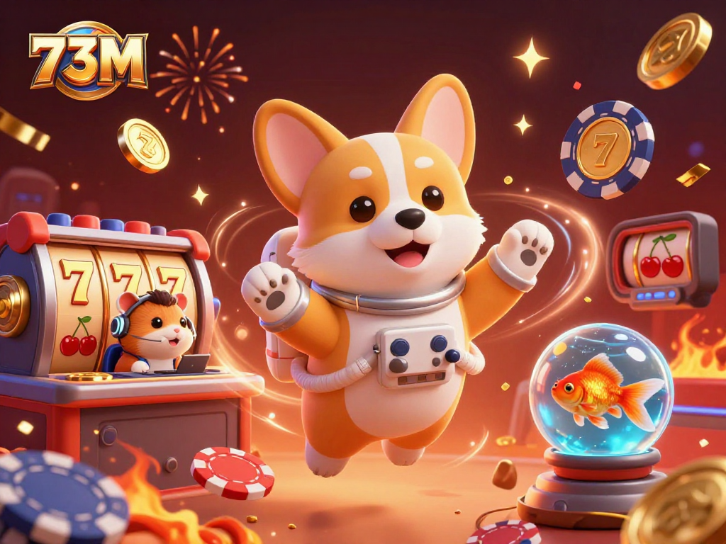 Aproveite a emoção da 73M em um cassino espacial com personagens flutuando e confete celebrando.