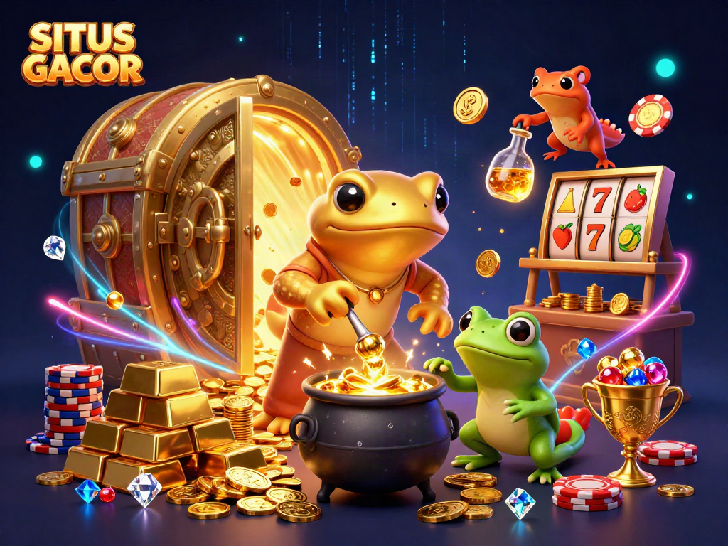 SITUS GACOR showcases a vibrant casino scene with a golden salamander alchemist and gaming elements.