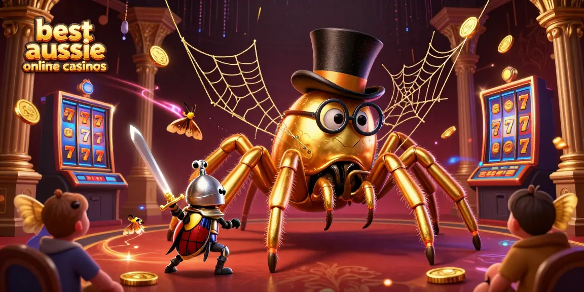 Engage with the best aussie online casinos illustrated scene featuring a golden tarantula and beetle knight.
