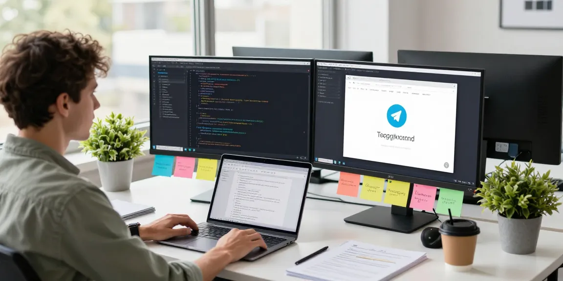Seamlessly coding in a modern workspace while exploring Telegram Download on dual monitors.