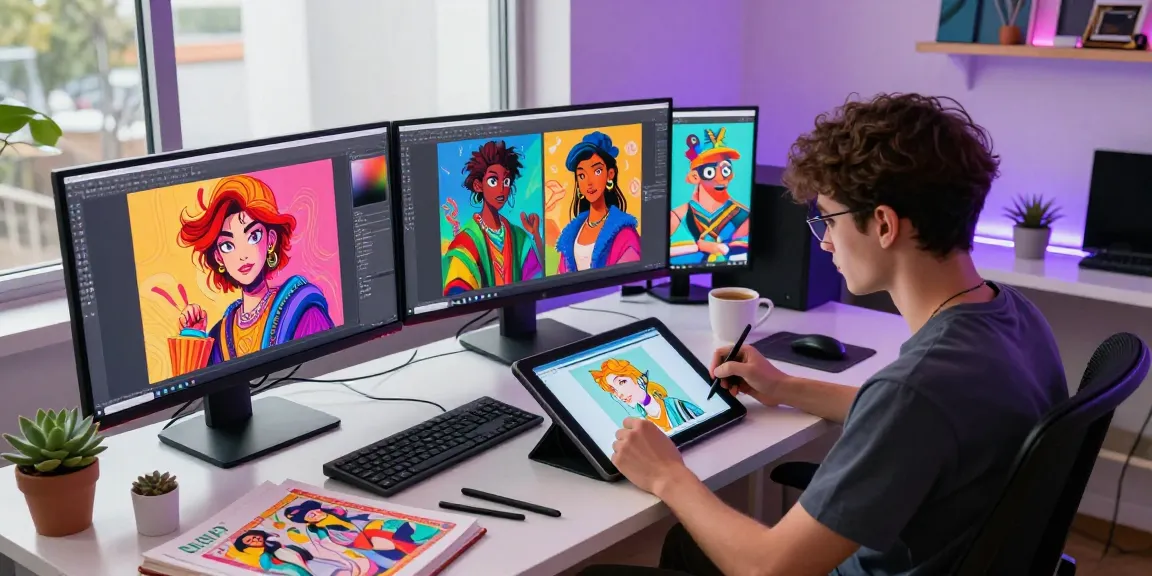 Creative NSFW AI character design in a vibrant digital art studio setting.