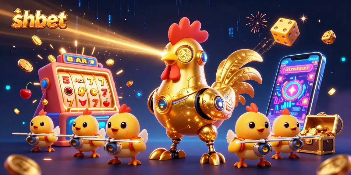 Engage with shbet's dynamic online casino experience featuring golden rooster robot and vibrant game elements.