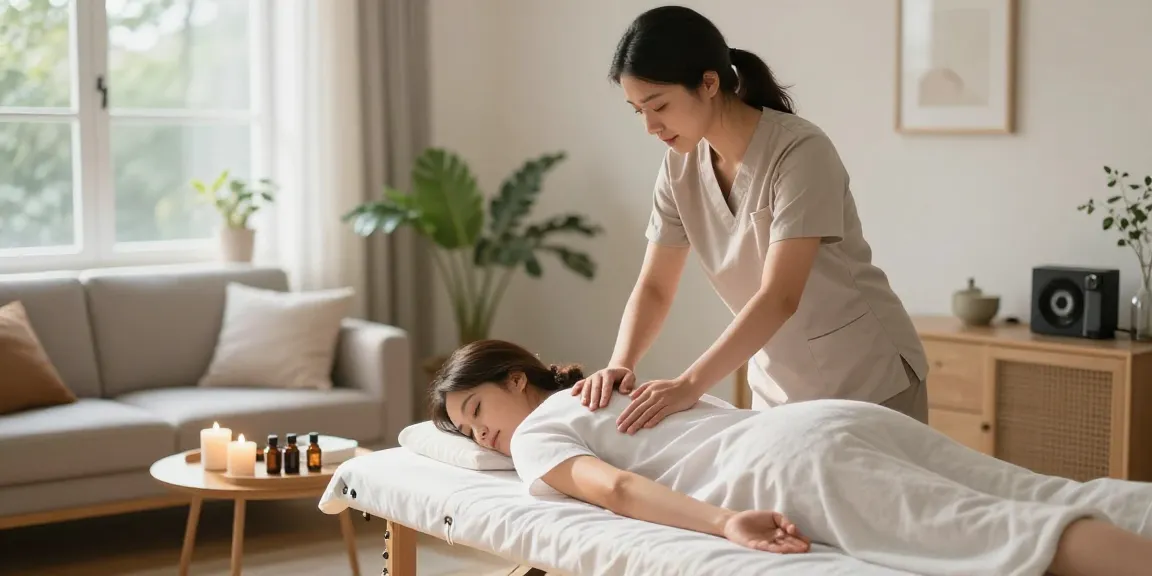 출장안마 service being provided in a cozy home environment, showcasing relaxation and comfort.