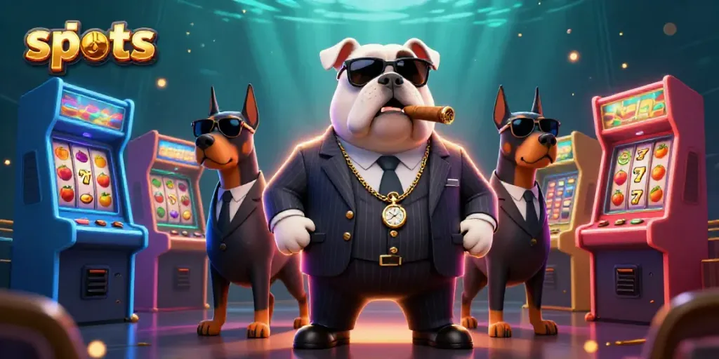 Experience thrilling slots action with a cartoon mafia boss and bodyguards amidst colorful slot machines!