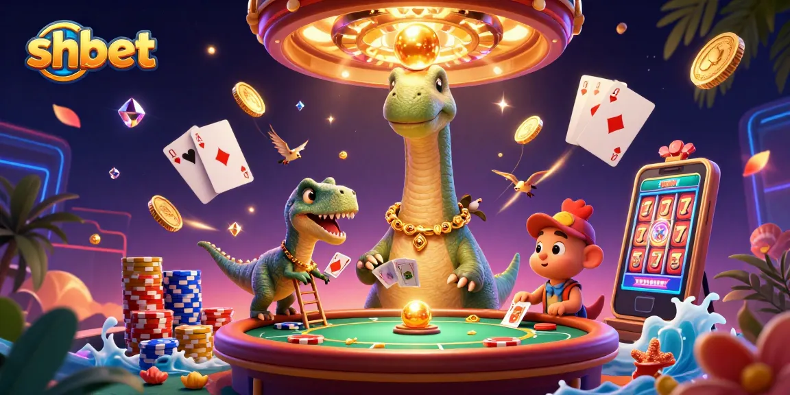 Engage with shbet's vibrant casino scene featuring a playful brontosaurus and clever raptor playing poker.