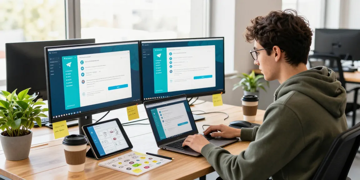 Developer coding with Telegram app interfaces on monitors in a modern workspace, highlighting 纸飞机中文版.