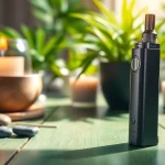 Showcasing a Cannabis Vape pen against greenery, highlighting its sleek design and natural vibes.