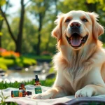 Administering CBD Oil For Dog to a happy golden retriever in a sunny park.