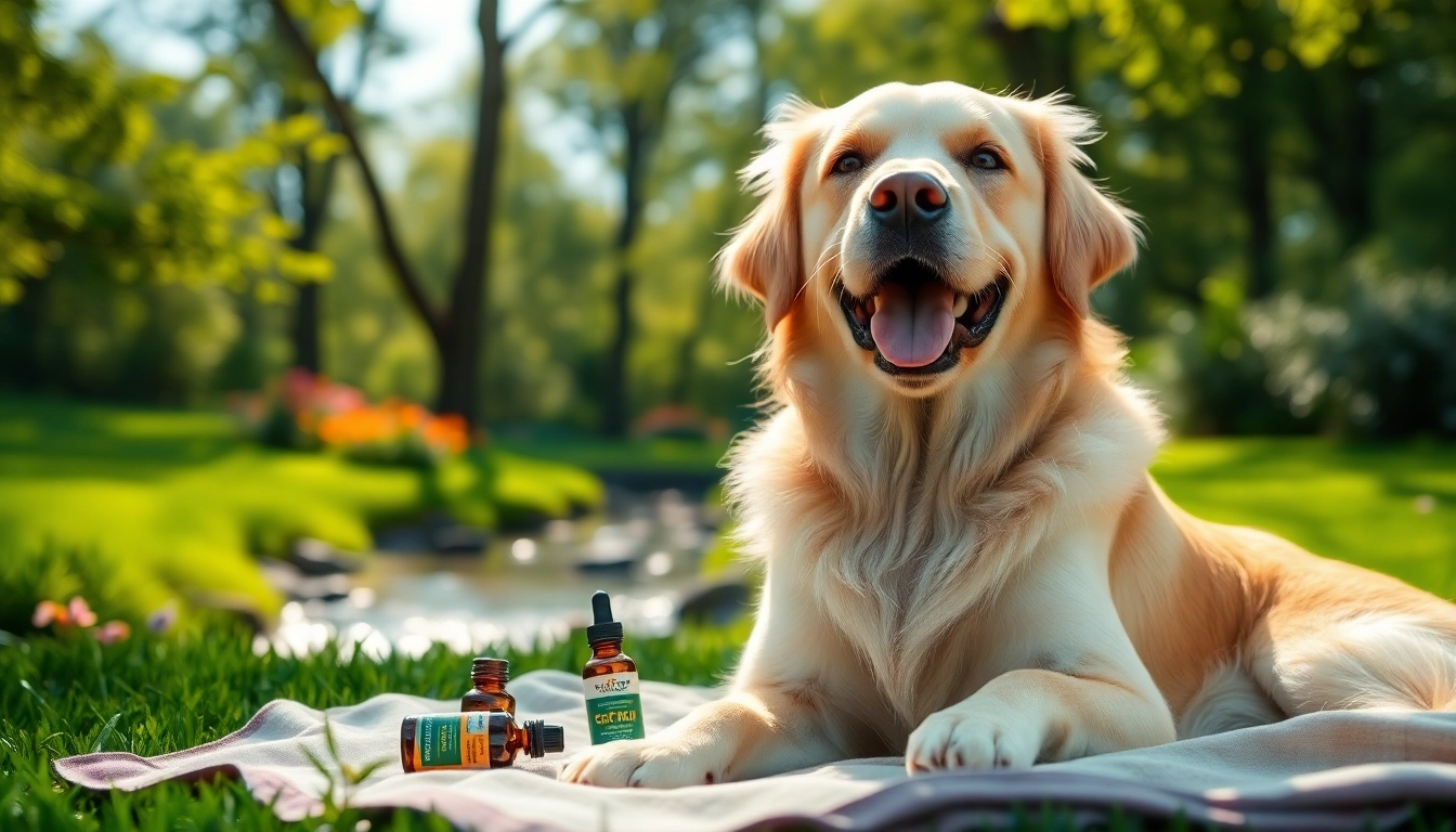 Administering CBD Oil For Dog to a happy golden retriever in a sunny park.