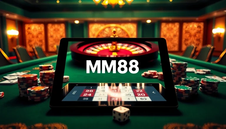 Experience thrilling gameplay at MM88's luxurious casino tables with poker chips and roulette.