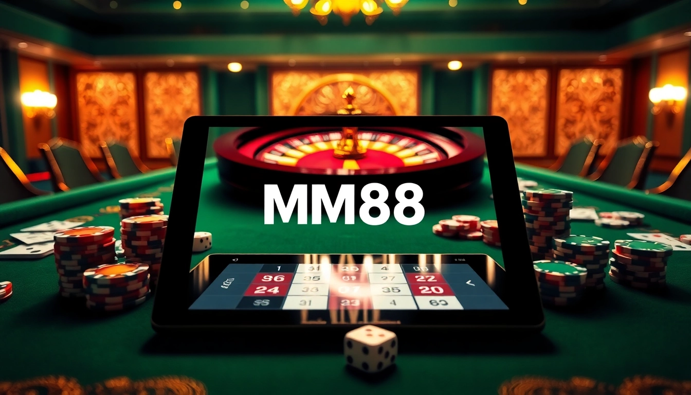 Experience thrilling gameplay at MM88's luxurious casino tables with poker chips and roulette.