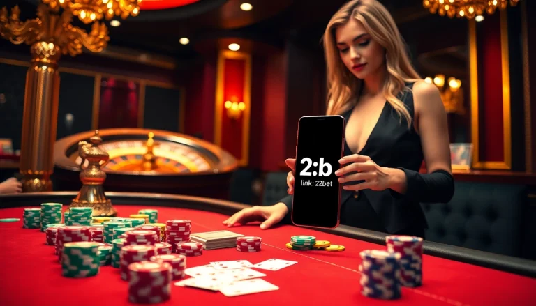 An exciting scene showcasing the link 12bet on a mobile screen amidst vibrant casino elements like poker chips and cards.
