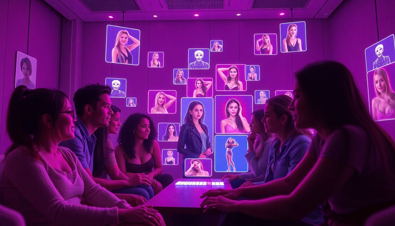 Engaging AI porn chat interactions with dynamic holographic displays and users in an intimate setting.