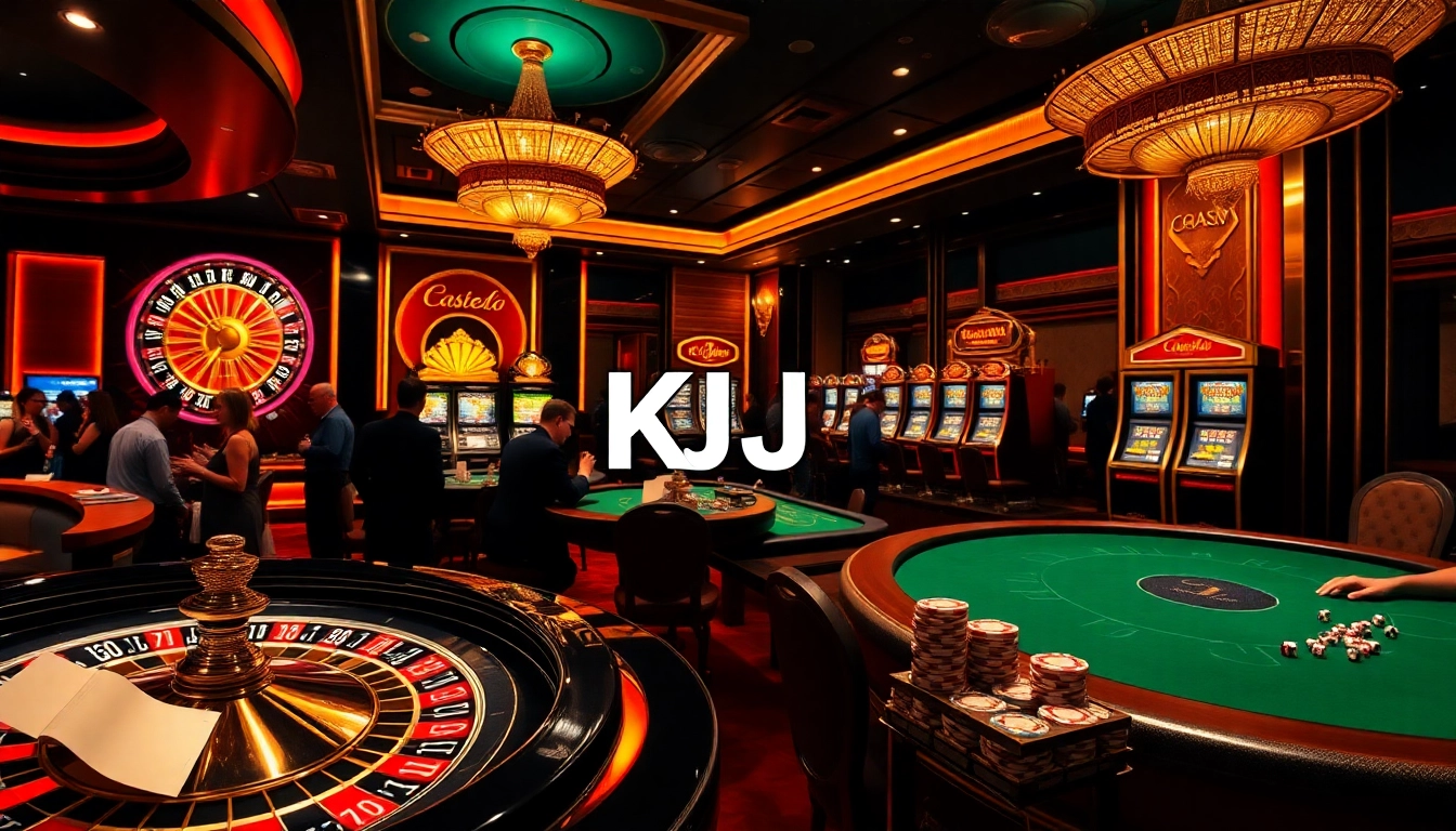 KJC-themed poker chips stacked on a green felt table amid a luxurious casino atmosphere.