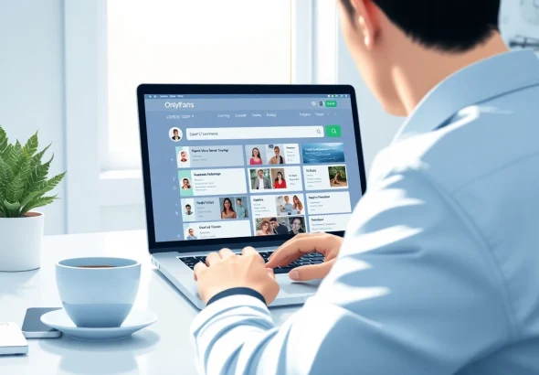 Search OnlyFans username on a modern laptop in a stylish workspace.