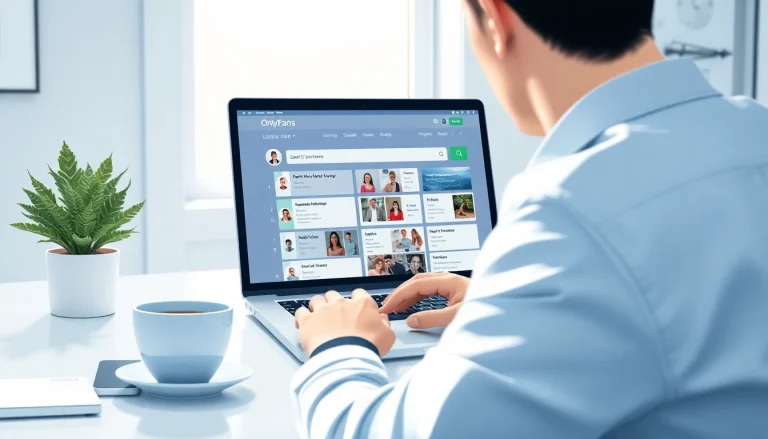 Search OnlyFans username on a modern laptop in a stylish workspace.