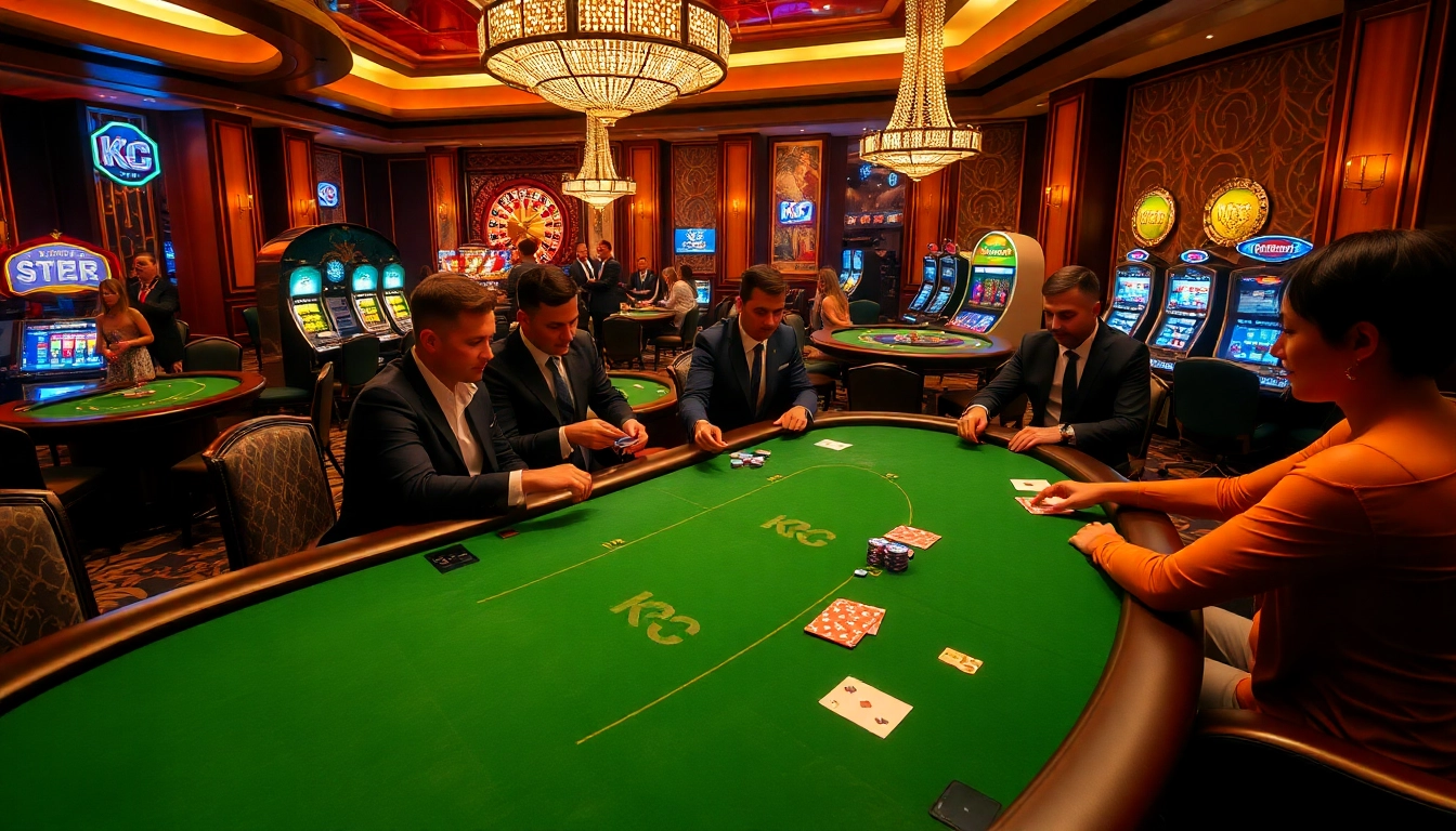 KJC players engaging in an exciting poker game at a luxurious casino table.