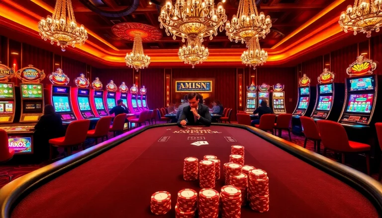 Players at MM88 engage in a thrilling poker game surrounded by glamorous slot machines.