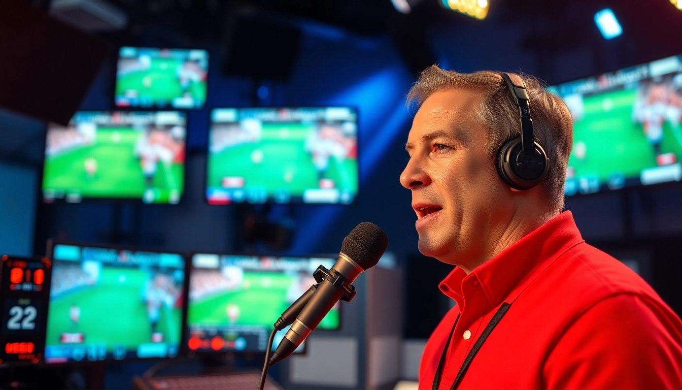 Captivating scene of sports broadcasting with a commentator, highlighting Sports Broadcasting dynamics.