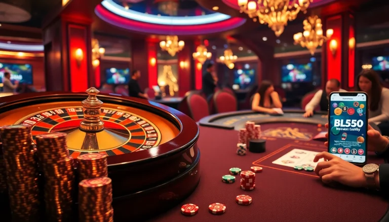 Experience high-stakes action at https://bl555.family/ with players enjoying roulette and poker in a vibrant casino.