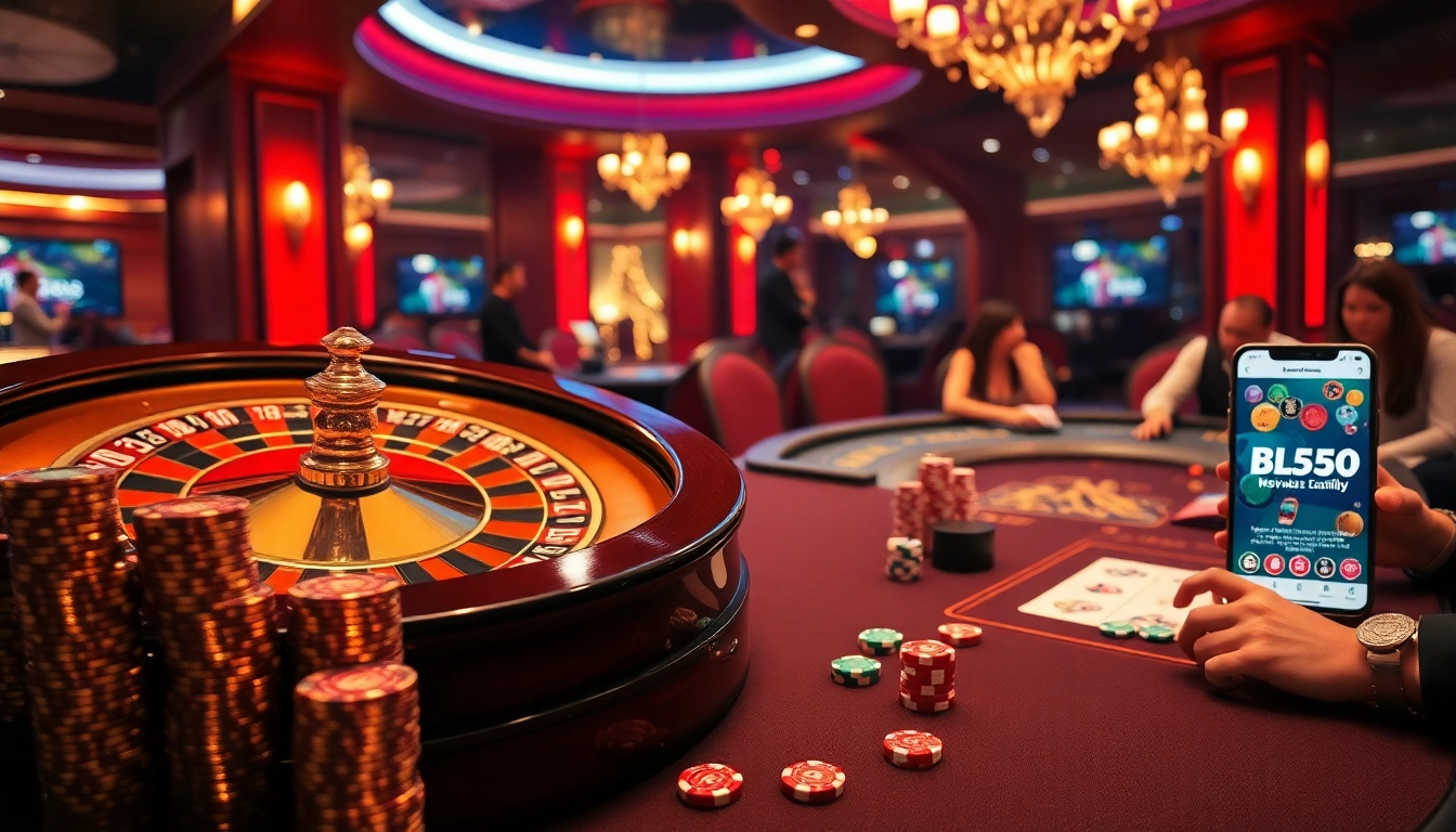 Experience high-stakes action at https://bl555.family/ with players enjoying roulette and poker in a vibrant casino.