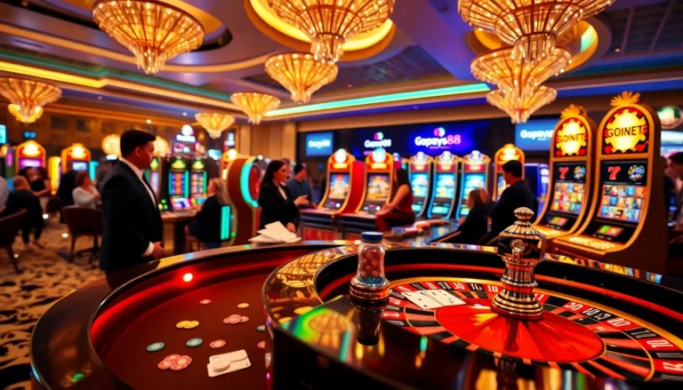 Experience Gopay88 Daftar with a thrilling casino scene featuring roulette and slot machines.