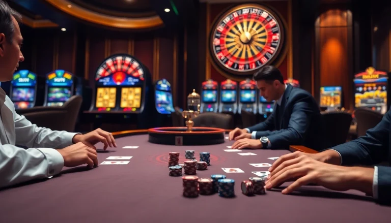 Engaging high-stakes poker game at KK55, showcasing action and excitement in luxury casino.