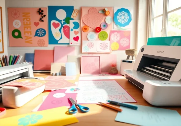 Silhouette vs Cricut comparison in a vibrant crafting workspace showcasing machines and colorful vinyl.