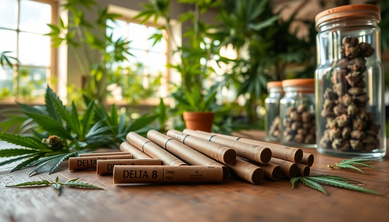 Showcasing delta 8 prerolls elegantly displayed in a tranquil setting for a natural aesthetic.
