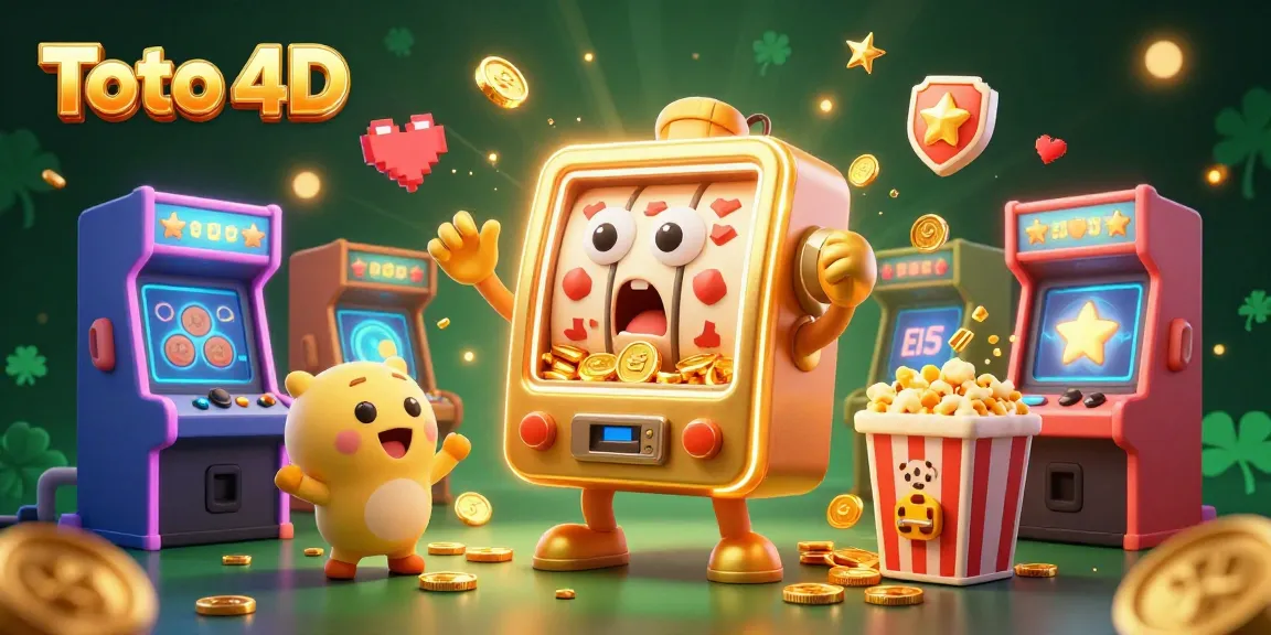 Toto 4D slot machine celebrates a jackpot win with coins and cheers, showcasing a dynamic gambling scene.