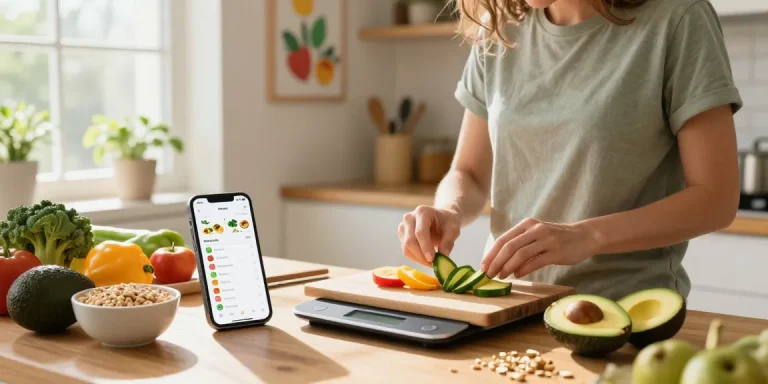 Bright kitchen preparing nutritious breakfast while showcasing the best nutrition tracking app on a smartphone